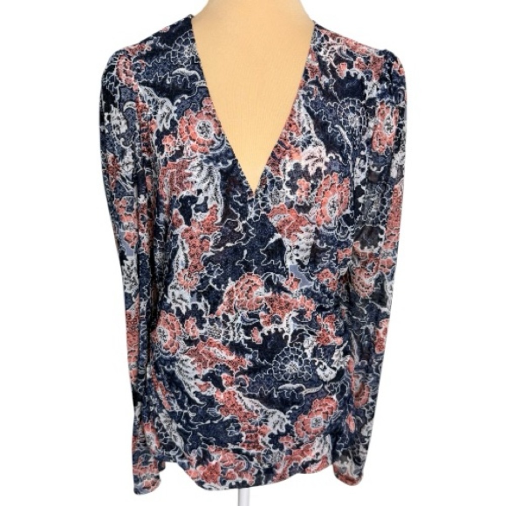 INC International Concepts (EUC) Navy/Coral Floral Wrap Long Sleeved Blouse XL